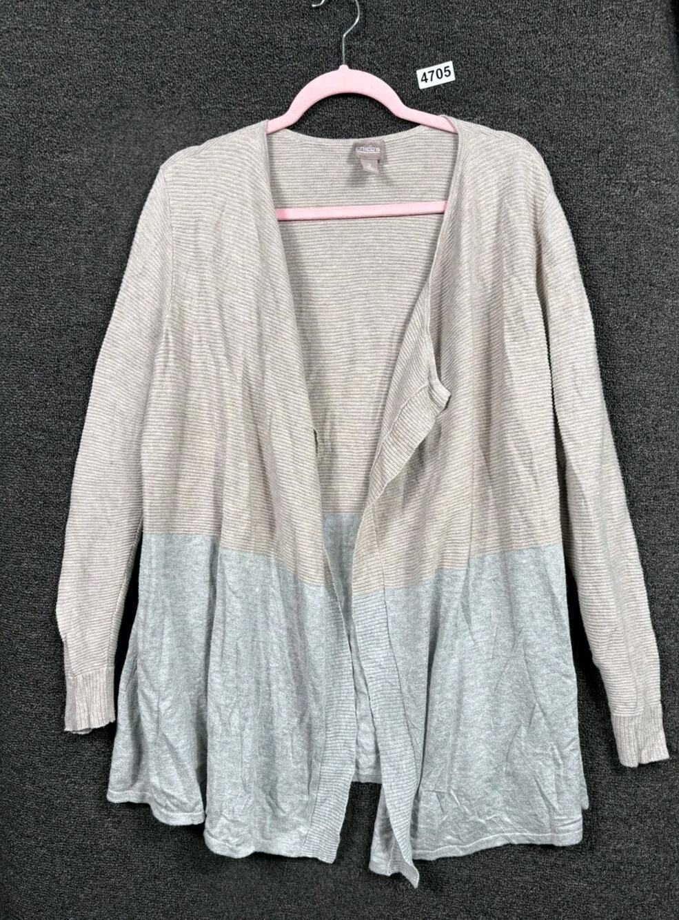 Chico's Sweater Womens L Beige Heather Colorblock Drape Front Rib Knit Cardigan